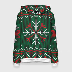 Женская толстовка 3D с принтом Knitted Snowflake Pattern в Новосибирске, 100% полиэстер  | двухслойный капюшон со шнурком для регулировки, мягкие манжеты на рукавах и по низу толстовки, спереди карман-кенгуру с мягким внутренним слоем. | background | christmas | holiday | knitted pattern | pattern | snowflakes | trees | winter | вязаный узор | елки | зима | праздник | рождество | снежинки | узор | фон