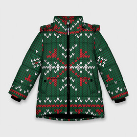 Зимняя куртка для девочек 3D с принтом Knitted Snowflake Pattern в Новосибирске, ткань верха — 100% полиэстер; подклад — 100% полиэстер, утеплитель — 100% полиэстер. | длина ниже бедра, удлиненная спинка, воротник стойка и отстегивающийся капюшон. Есть боковые карманы с листочкой на кнопках, утяжки по низу изделия и внутренний карман на молнии. 

Предусмотрены светоотражающий принт на спинке, радужный светоотражающий элемент на пуллере молнии и на резинке для утяжки. | background | christmas | holiday | knitted pattern | pattern | snowflakes | trees | winter | вязаный узор | елки | зима | праздник | рождество | снежинки | узор | фон