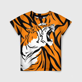 Детская футболка 3D с принтом Тигровый окрас в Новосибирске, 100% гипоаллергенный полиэфир | прямой крой, круглый вырез горловины, длина до линии бедер, чуть спущенное плечо, ткань немного тянется | 2022 | aggressive | brindle color | fangs | in profile | new year | open mouth | predator | tiger | year of the tiger | агрессивный | в профиль | год тигра | клыки | новый год | открытая пасть | тигр | тигровый окрас | хищник
