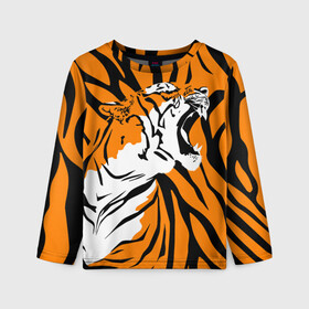 Детский лонгслив 3D с принтом Тигровый окрас в Новосибирске, 100% полиэстер | длинные рукава, круглый вырез горловины, полуприлегающий силуэт
 | 2022 | aggressive | brindle color | fangs | in profile | new year | open mouth | predator | tiger | year of the tiger | агрессивный | в профиль | год тигра | клыки | новый год | открытая пасть | тигр | тигровый окрас | хищник