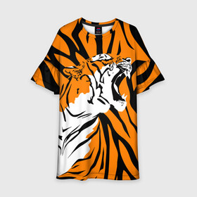 Детское платье 3D с принтом Тигровый окрас в Новосибирске, 100% полиэстер | прямой силуэт, чуть расширенный к низу. Круглая горловина, на рукавах — воланы | 2022 | aggressive | brindle color | fangs | in profile | new year | open mouth | predator | tiger | year of the tiger | агрессивный | в профиль | год тигра | клыки | новый год | открытая пасть | тигр | тигровый окрас | хищник