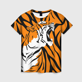 Женская футболка 3D с принтом Тигровый окрас в Новосибирске, 100% полиэфир ( синтетическое хлопкоподобное полотно) | прямой крой, круглый вырез горловины, длина до линии бедер | 2022 | aggressive | brindle color | fangs | in profile | new year | open mouth | predator | tiger | year of the tiger | агрессивный | в профиль | год тигра | клыки | новый год | открытая пасть | тигр | тигровый окрас | хищник