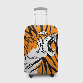 Чехол для чемодана 3D с принтом Тигровый окрас в Новосибирске, 86% полиэфир, 14% спандекс | двустороннее нанесение принта, прорези для ручек и колес | 2022 | aggressive | brindle color | fangs | in profile | new year | open mouth | predator | tiger | year of the tiger | агрессивный | в профиль | год тигра | клыки | новый год | открытая пасть | тигр | тигровый окрас | хищник