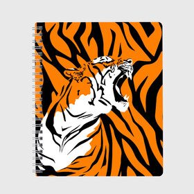 Тетрадь с принтом Тигровый окрас в Новосибирске, 100% бумага | 48 листов, плотность листов — 60 г/м2, плотность картонной обложки — 250 г/м2. Листы скреплены сбоку удобной пружинной спиралью. Уголки страниц и обложки скругленные. Цвет линий — светло-серый
 | 2022 | aggressive | brindle color | fangs | in profile | new year | open mouth | predator | tiger | year of the tiger | агрессивный | в профиль | год тигра | клыки | новый год | открытая пасть | тигр | тигровый окрас | хищник