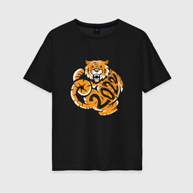 Женская футболка хлопок Oversize с принтом Символ 2022 года Тигр в Новосибирске, 100% хлопок | свободный крой, круглый ворот, спущенный рукав, длина до линии бедер
 | 2022 | amur tiger | beast | fangs | happy new year | merry christmas | new year | predator | snow | stars | stern grin | stern look | winter | year of the tiger | амурский тигр | год тигра | зверь | зима | клыки | новый год | пр | снег | снежинк