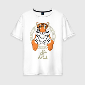 Женская футболка хлопок Oversize с принтом Тигр в раме в Новосибирске, 100% хлопок | свободный крой, круглый ворот, спущенный рукав, длина до линии бедер
 | 2022 | chinese character | framed | new year | ornament | powerful | predator | strong | tiger | year of the tiger | yellow look | в рамке | год тигра | жёлтый взгляд | китайский иероглиф | мощный | новый год | орнамент | сильный | тигр | хищник