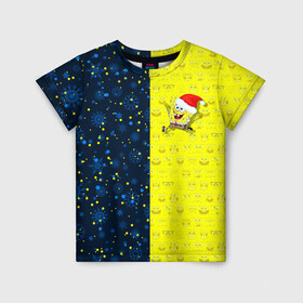 Детская футболка 3D с принтом Новогодний Губка Боб в Новосибирске, 100% гипоаллергенный полиэфир | прямой крой, круглый вырез горловины, длина до линии бедер, чуть спущенное плечо, ткань немного тянется | christmas | santa | sponge bob | spongebob | губка боб | дед мороз | зима | квадратные штаны | мультфильм | новый год | рождество | санта | сквэр пэнтс | снег | снежинка | спанч боб
