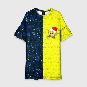 Детское платье 3D с принтом Новогодний Губка Боб в Новосибирске, 100% полиэстер | прямой силуэт, чуть расширенный к низу. Круглая горловина, на рукавах — воланы | christmas | santa | sponge bob | spongebob | губка боб | дед мороз | зима | квадратные штаны | мультфильм | новый год | рождество | санта | сквэр пэнтс | снег | снежинка | спанч боб