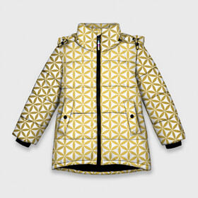 Зимняя куртка для девочек 3D с принтом Цветок Жизни (золото) в Новосибирске, ткань верха — 100% полиэстер; подклад — 100% полиэстер, утеплитель — 100% полиэстер. | длина ниже бедра, удлиненная спинка, воротник стойка и отстегивающийся капюшон. Есть боковые карманы с листочкой на кнопках, утяжки по низу изделия и внутренний карман на молнии. 

Предусмотрены светоотражающий принт на спинке, радужный светоотражающий элемент на пуллере молнии и на резинке для утяжки. | Тематика изображения на принте: melchizedek | sacred geometry | vesica piscis | геометрия пространства | герметизм | древо жизни | друнвало мельхиседек | золотое сечение | куб метатрона | матрица | мудрость | роза мира | сакральная геометрия