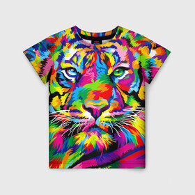 Детская футболка 3D с принтом Тигр в стиле поп арт в Новосибирске, 100% гипоаллергенный полиэфир | прямой крой, круглый вырез горловины, длина до линии бедер, чуть спущенное плечо, ткань немного тянется | 2022 | art | beast | mosaic | multicolored head | new year | pop art | predator | rainbow | tiger | year of the tiger | год тигра | зверь | искусство | мозаика | новый год | радужный | разноцветная голова | тигр | хищник