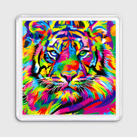 Магнит 55*55 с принтом Тигр в стиле поп арт в Новосибирске, Пластик | Размер: 65*65 мм; Размер печати: 55*55 мм | Тематика изображения на принте: 2022 | art | beast | mosaic | multicolored head | new year | pop art | predator | rainbow | tiger | year of the tiger | год тигра | зверь | искусство | мозаика | новый год | радужный | разноцветная голова | тигр | хищник