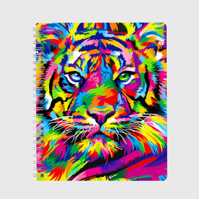 Тетрадь с принтом Тигр в стиле поп арт в Новосибирске, 100% бумага | 48 листов, плотность листов — 60 г/м2, плотность картонной обложки — 250 г/м2. Листы скреплены сбоку удобной пружинной спиралью. Уголки страниц и обложки скругленные. Цвет линий — светло-серый
 | 2022 | art | beast | mosaic | multicolored head | new year | pop art | predator | rainbow | tiger | year of the tiger | год тигра | зверь | искусство | мозаика | новый год | радужный | разноцветная голова | тигр | хищник