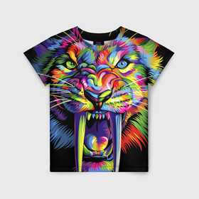 Детская футболка 3D с принтом Саблезубый тигр в стиле поп арт в Новосибирске, 100% гипоаллергенный полиэфир | прямой крой, круглый вырез горловины, длина до линии бедер, чуть спущенное плечо, ткань немного тянется | 2022 | art | beast | colorful head | mosaic | new year | pop art | predator | rainbow | sabertoothed tiger | year of the tiger | большие клыки | год тигра | зверь | искусство | мозаика | новый год | радужный | разноцветная голова | саблезубый тиг