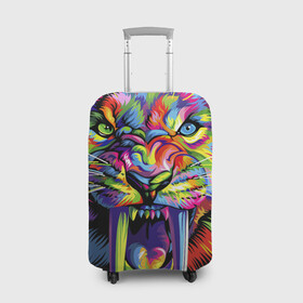 Чехол для чемодана 3D с принтом Саблезубый тигр в стиле поп арт в Новосибирске, 86% полиэфир, 14% спандекс | двустороннее нанесение принта, прорези для ручек и колес | Тематика изображения на принте: 2022 | art | beast | colorful head | mosaic | new year | pop art | predator | rainbow | sabertoothed tiger | year of the tiger | большие клыки | год тигра | зверь | искусство | мозаика | новый год | радужный | разноцветная голова | саблезубый тиг