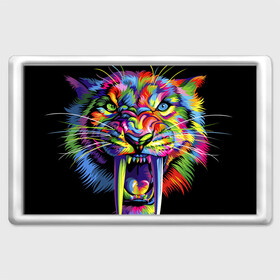 Магнит 45*70 с принтом Саблезубый тигр в стиле поп арт в Новосибирске, Пластик | Размер: 78*52 мм; Размер печати: 70*45 | Тематика изображения на принте: 2022 | art | beast | colorful head | mosaic | new year | pop art | predator | rainbow | sabertoothed tiger | year of the tiger | большие клыки | год тигра | зверь | искусство | мозаика | новый год | радужный | разноцветная голова | саблезубый тиг