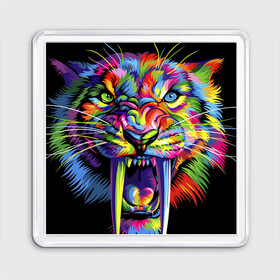 Магнит 55*55 с принтом Саблезубый тигр в стиле поп арт в Новосибирске, Пластик | Размер: 65*65 мм; Размер печати: 55*55 мм | Тематика изображения на принте: 2022 | art | beast | colorful head | mosaic | new year | pop art | predator | rainbow | sabertoothed tiger | year of the tiger | большие клыки | год тигра | зверь | искусство | мозаика | новый год | радужный | разноцветная голова | саблезубый тиг