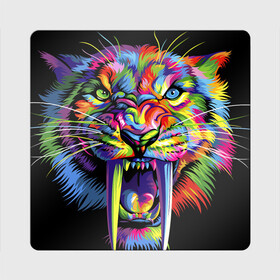 Магнит виниловый Квадрат с принтом Саблезубый тигр в стиле поп арт в Новосибирске, полимерный материал с магнитным слоем | размер 9*9 см, закругленные углы | Тематика изображения на принте: 2022 | art | beast | colorful head | mosaic | new year | pop art | predator | rainbow | sabertoothed tiger | year of the tiger | большие клыки | год тигра | зверь | искусство | мозаика | новый год | радужный | разноцветная голова | саблезубый тиг