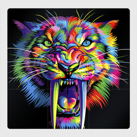 Магнитный плакат 3Х3 с принтом Саблезубый тигр в стиле поп арт в Новосибирске, Полимерный материал с магнитным слоем | 9 деталей размером 9*9 см | Тематика изображения на принте: 2022 | art | beast | colorful head | mosaic | new year | pop art | predator | rainbow | sabertoothed tiger | year of the tiger | большие клыки | год тигра | зверь | искусство | мозаика | новый год | радужный | разноцветная голова | саблезубый тиг