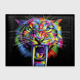 Обложка для студенческого билета с принтом Саблезубый тигр в стиле поп арт в Новосибирске, натуральная кожа | Размер: 11*8 см; Печать на всей внешней стороне | Тематика изображения на принте: 2022 | art | beast | colorful head | mosaic | new year | pop art | predator | rainbow | sabertoothed tiger | year of the tiger | большие клыки | год тигра | зверь | искусство | мозаика | новый год | радужный | разноцветная голова | саблезубый тиг