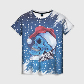 Женская футболка 3D с принтом Merry Christmas | Счастливого Рождества | Skull в Новосибирске, 100% полиэфир ( синтетическое хлопкоподобное полотно) | прямой крой, круглый вырез горловины, длина до линии бедер | Тематика изображения на принте: 2022 | christmas | cold | klaus | merry | new | santa | skull | snow | winter | year | год | дед | зима | клаус | мороз | новый | рождество | санта | скелет | снег | холод | череп