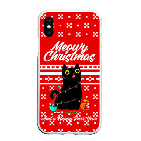 Чехол для iPhone XS Max матовый с принтом MEOW | CHRISTMAS в Новосибирске, Силикон | Область печати: задняя сторона чехла, без боковых панелей | 2020 | 2021 | 2022 | christmas | meow | meowy christmas | merry | кот | леденец | мяу | нг | новогодний | новый год | олени | рождество | свитер | узоры