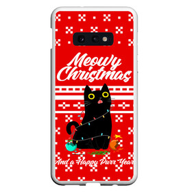 Чехол для Samsung S10E с принтом MEOW | CHRISTMAS в Новосибирске, Силикон | Область печати: задняя сторона чехла, без боковых панелей | 2020 | 2021 | 2022 | christmas | meow | meowy christmas | merry | кот | леденец | мяу | нг | новогодний | новый год | олени | рождество | свитер | узоры