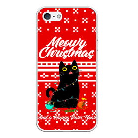 Чехол для iPhone 5/5S матовый с принтом MEOW | CHRISTMAS в Новосибирске, Силикон | Область печати: задняя сторона чехла, без боковых панелей | 2020 | 2021 | 2022 | christmas | meow | meowy christmas | merry | кот | леденец | мяу | нг | новогодний | новый год | олени | рождество | свитер | узоры