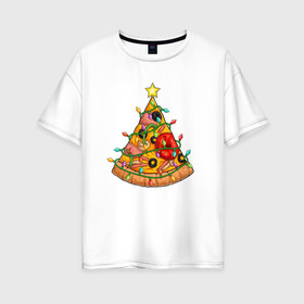 Женская футболка хлопок Oversize с принтом Новогодняя Пицца Елка в Новосибирске, 100% хлопок | свободный крой, круглый ворот, спущенный рукав, длина до линии бедер
 | Тематика изображения на принте: christmas | pizza | гирлянда | елка | ель | звезда | новый год | пицца | рождество