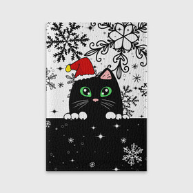Обложка для паспорта матовая кожа с принтом Новогодний кот в колпаке Санты в Новосибирске, натуральная матовая кожа | размер 19,3 х 13,7 см; прозрачные пластиковые крепления | Тематика изображения на принте: black cat | cat | christmas | kitten | kitty | merry christmas | new year | new year cat | santa | snow | snowflakes | winter | зима | киска | колпак | кот | котенок | кошак | новогодний кот | новый год | подарок | рождество | санта | снег 