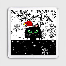 Магнит 55*55 с принтом Новогодний кот в колпаке Санты в Новосибирске, Пластик | Размер: 65*65 мм; Размер печати: 55*55 мм | black cat | cat | christmas | kitten | kitty | merry christmas | new year | new year cat | santa | snow | snowflakes | winter | зима | киска | колпак | кот | котенок | кошак | новогодний кот | новый год | подарок | рождество | санта | снег 