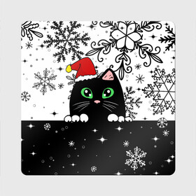 Магнит виниловый Квадрат с принтом Новогодний кот в колпаке Санты в Новосибирске, полимерный материал с магнитным слоем | размер 9*9 см, закругленные углы | black cat | cat | christmas | kitten | kitty | merry christmas | new year | new year cat | santa | snow | snowflakes | winter | зима | киска | колпак | кот | котенок | кошак | новогодний кот | новый год | подарок | рождество | санта | снег 