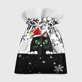 Подарочный 3D мешок с принтом Новогодний кот в колпаке Санты в Новосибирске, 100% полиэстер | Размер: 29*39 см | black cat | cat | christmas | kitten | kitty | merry christmas | new year | new year cat | santa | snow | snowflakes | winter | зима | киска | колпак | кот | котенок | кошак | новогодний кот | новый год | подарок | рождество | санта | снег 