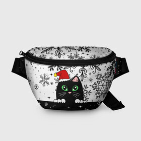 Поясная сумка 3D с принтом Новогодний кот в колпаке Санты в Новосибирске, 100% полиэстер | плотная ткань, ремень с регулируемой длиной, внутри несколько карманов для мелочей, основное отделение и карман с обратной стороны сумки застегиваются на молнию | black cat | cat | christmas | kitten | kitty | merry christmas | new year | new year cat | santa | snow | snowflakes | winter | зима | киска | колпак | кот | котенок | кошак | новогодний кот | новый год | подарок | рождество | санта | снег 