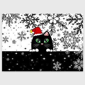 Поздравительная открытка с принтом Новогодний кот в колпаке Санты в Новосибирске, 100% бумага | плотность бумаги 280 г/м2, матовая, на обратной стороне линовка и место для марки
 | Тематика изображения на принте: black cat | cat | christmas | kitten | kitty | merry christmas | new year | new year cat | santa | snow | snowflakes | winter | зима | киска | колпак | кот | котенок | кошак | новогодний кот | новый год | подарок | рождество | санта | снег 