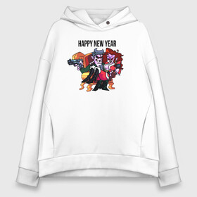 Женское худи Oversize хлопок с принтом Happy New Year FNF в Новосибирске, френч-терри — 70% хлопок, 30% полиэстер. Мягкий теплый начес внутри —100% хлопок | боковые карманы, эластичные манжеты и нижняя кромка, капюшон на магнитной кнопке | игра | кресло | надпись | персонажи | пистолет