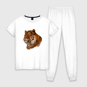 Женская пижама хлопок с принтом Тигр маслом в Новосибирске, 100% хлопок | брюки и футболка прямого кроя, без карманов, на брюках мягкая резинка на поясе и по низу штанин | 2022 | иллюстрация | новый год | рисунок | скетч | тигр
