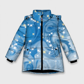Зимняя куртка для девочек 3D с принтом Голубая метелица в Новосибирске, ткань верха — 100% полиэстер; подклад — 100% полиэстер, утеплитель — 100% полиэстер. | длина ниже бедра, удлиненная спинка, воротник стойка и отстегивающийся капюшон. Есть боковые карманы с листочкой на кнопках, утяжки по низу изделия и внутренний карман на молнии. 

Предусмотрены светоотражающий принт на спинке, радужный светоотражающий элемент на пуллере молнии и на резинке для утяжки. | blizzard | snow | winter | абстракция | белый | блестки | блестящий | времена года | зима | зимний | метелица | метель | мороз | новогодний | новый год | погода | праздничный | пурга | синий | снег | снежинки