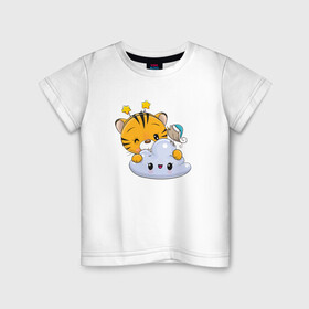Детская футболка хлопок с принтом Тигренок с облачком в Новосибирске, 100% хлопок | круглый вырез горловины, полуприлегающий силуэт, длина до линии бедер | 2022 | год тигра | новый год | новый год 2022 | символ года | тигр | тигренок | тигрица | тигры