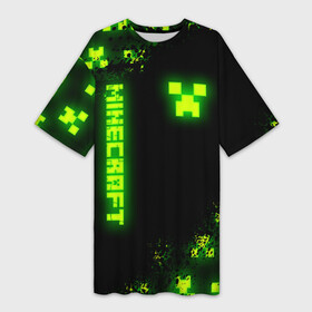 Платье-футболка 3D с принтом MINECRAFT NEON LOGO CREEPER в Новосибирске,  |  | block | creeper | cube | minecraft | pixel | tnt | toxic | блок | гаст | геометрия | крафт | крипер | кубики | майнкрафт | неон | пиксели | тнт | токсик