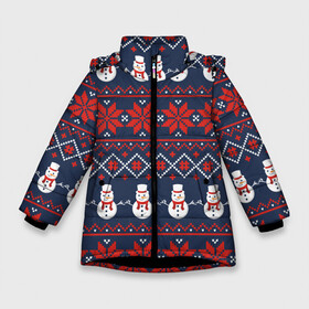 Зимняя куртка для девочек 3D с принтом Christmas Background в Новосибирске, ткань верха — 100% полиэстер; подклад — 100% полиэстер, утеплитель — 100% полиэстер. | длина ниже бедра, удлиненная спинка, воротник стойка и отстегивающийся капюшон. Есть боковые карманы с листочкой на кнопках, утяжки по низу изделия и внутренний карман на молнии. 

Предусмотрены светоотражающий принт на спинке, радужный светоотражающий элемент на пуллере молнии и на резинке для утяжки. | background | christmas | holiday | knitted pattern | new year | pattern | snowman | вязаный узор | новый год | праздник | рождество | снеговик | узор | фон