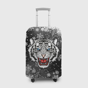 Чехол для чемодана 3D с принтом НОВОГОДНИЙ БЕЛЫЙ ТИГР 2022 в Новосибирске, 86% полиэфир, 14% спандекс | двустороннее нанесение принта, прорези для ручек и колес | 2022 | beast | merry christmas | new year | red bow | santa hat | snow | tiger | winter | winter is coming | year of the tiger | год тигра | дед мороз | животные | звери | зверь | зима | зима 2022 | зима близко | новог | новогодни