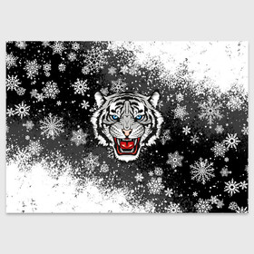 Поздравительная открытка с принтом НОВОГОДНИЙ БЕЛЫЙ ТИГР 2022 в Новосибирске, 100% бумага | плотность бумаги 280 г/м2, матовая, на обратной стороне линовка и место для марки
 | 2022 | beast | merry christmas | new year | red bow | santa hat | snow | tiger | winter | winter is coming | year of the tiger | год тигра | дед мороз | животные | звери | зверь | зима | зима 2022 | зима близко | новог | новогодни
