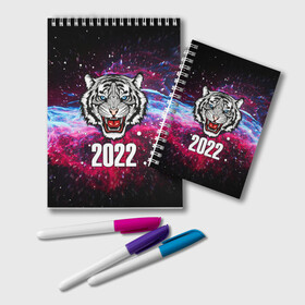 Блокнот с принтом ЧЁРНЫЙ ТИГР НОВЫЙ ГОД 2022   GRAY TIGER NEW YEAR в Новосибирске, 100% бумага | 48 листов, плотность листов — 60 г/м2, плотность картонной обложки — 250 г/м2. Листы скреплены удобной пружинной спиралью. Цвет линий — светло-серый
 | Тематика изображения на принте: 2022 | beast | merry christmas | new year | red bow | santa hat | snow | tiger | winter | winter is coming | year of the tiger | год тигра | дед мороз | животные | звери | зверь | зима | зима 2022 | зима близко | новог | новогодни