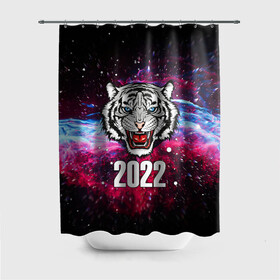 Штора 3D для ванной с принтом ЧЁРНЫЙ ТИГР НОВЫЙ ГОД 2022   GRAY TIGER NEW YEAR в Новосибирске, 100% полиэстер | плотность материала — 100 г/м2. Стандартный размер — 146 см х 180 см. По верхнему краю — пластиковые люверсы для креплений. В комплекте 10 пластиковых колец | 2022 | beast | merry christmas | new year | red bow | santa hat | snow | tiger | winter | winter is coming | year of the tiger | год тигра | дед мороз | животные | звери | зверь | зима | зима 2022 | зима близко | новог | новогодни