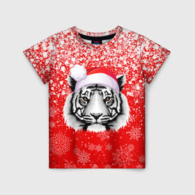 Детская футболка 3D с принтом НОВОГОДНИЙ ТИГР 2022   ЕШПУК 2022 в Новосибирске, 100% гипоаллергенный полиэфир | прямой крой, круглый вырез горловины, длина до линии бедер, чуть спущенное плечо, ткань немного тянется | Тематика изображения на принте: 2022 | beast | merry christmas | new year | red bow | santa hat | snow | tiger | winter | winter is coming | year of the tiger | год тигра | дед мороз | животные | звери | зверь | зима | зима 2022 | зима близко | новог | новогодни