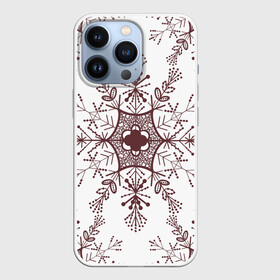 Чехол для iPhone 13 Pro с принтом Шоколадные снежинки на белом фоне в Новосибирске,  |  | бесшовный | бесшовный принт | бесшовный узор | зима | зимний | зимний мотив | зимний узор | коричневая снежинка | коричневый | коричневый узор | паттерн | снежинка | снежинки