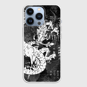 Чехол для iPhone 13 Pro с принтом ЧБ Японский Дракон | Dragon (Иероглифы) в Новосибирске,  |  | Тематика изображения на принте: beast | dragon | fire | grunge | горелый | дракон | животные | зверь | змей | иероглифы | когти | огонь | пепел | пламя | потертости | узор | чб | японский
