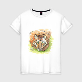 Женская футболка хлопок с принтом Портрет тигра с зелёными глазами в Новосибирске, 100% хлопок | прямой крой, круглый вырез горловины, длина до линии бедер, слегка спущенное плечо | 2022 | глаза | животное | зверь | китайский календарь | кошка | новый год | оранжевый | полоски | символ года | тигр | хищник