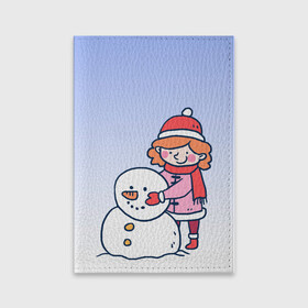 Обложка для паспорта матовая кожа с принтом Девочка лепит снеговика в Новосибирске, натуральная матовая кожа | размер 19,3 х 13,7 см; прозрачные пластиковые крепления | 2022 | девочка | зима | зимние забавы | милота | рисунок | снег | снеговик | снежок | холод