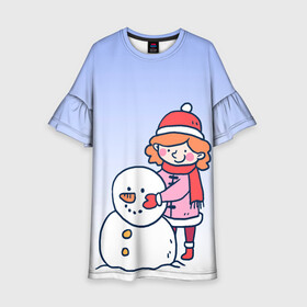 Детское платье 3D с принтом Девочка лепит снеговика в Новосибирске, 100% полиэстер | прямой силуэт, чуть расширенный к низу. Круглая горловина, на рукавах — воланы | Тематика изображения на принте: 2022 | девочка | зима | зимние забавы | милота | рисунок | снег | снеговик | снежок | холод